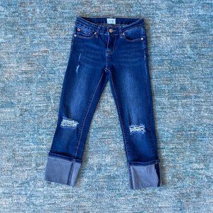 dark wash distressed Hudson capris